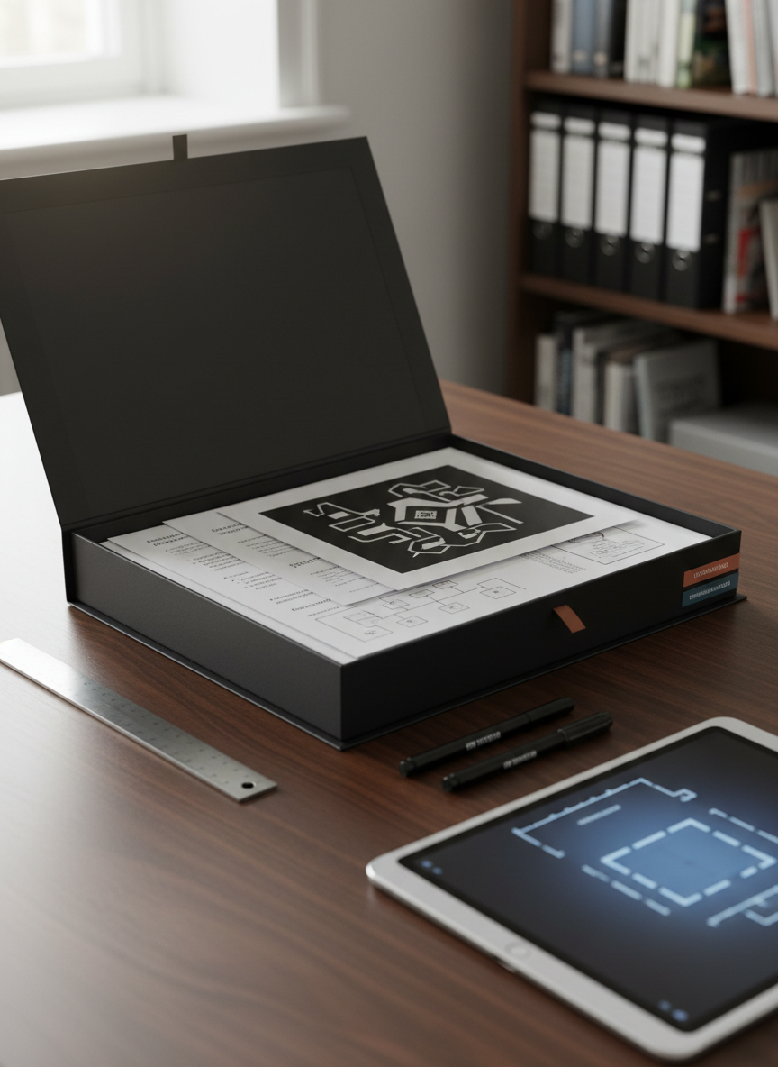 A close-up, photographic realistic view of an elegant, matte-black portfolio box opened on a dark walnut desk, revealing neatly stacked exhibition concept sheets, printed educational program outlines, and communication strategy diagrams for an art institution. High-quality paper textures, precise typography, and subtle color-coded tabs in muted blues and terracottas speak to clarity and professionalism in utdanning and kommunikasjon. A minimalist metal ruler, fine-line markers, and a clean tablet with a digital floor plan are positioned around the box. Soft side lighting from a nearby window creates refined highlights on paper edges and a gentle gradient across the desk, with a shallow depth of field that blurs the background shelves of labeled binders, evoking focused, confidential rådgivning work.
